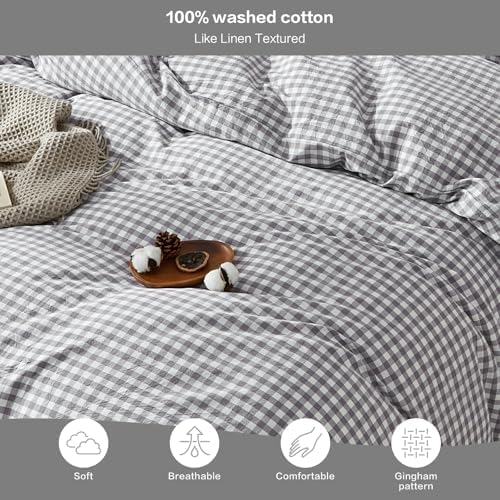 SAPHREAS Gingham Duvet Cover Set Queen Size, 100% Washed Cotton Linen Like Plaid Comforter Cover with Zipper Closure & Corner Ties (No Comforter), 90x90 Grey