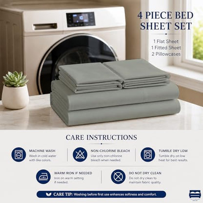 Cottingon 4 Piece Twin Sheets Fits 16" Deep, Egyptian Cotton, Light Grey