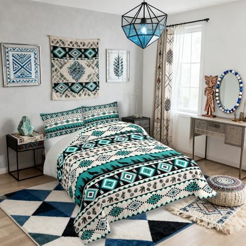 Aztec Geometric Kids Bedding Set King Size,Southwest Tribal Ethnic Comforter Set，Wolf Rustic Cabin Quilt Comforter,Beige Retro Bedroom Duvet Insert,2 Pillowcases