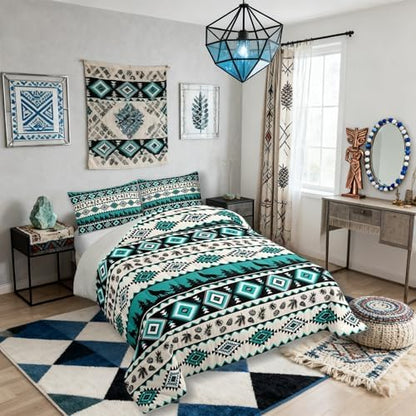 Aztec Geometric Kids Bedding Set King Size,Southwest Tribal Ethnic Comforter Set，Wolf Rustic Cabin Quilt Comforter,Beige Retro Bedroom Duvet Insert,2 Pillowcases