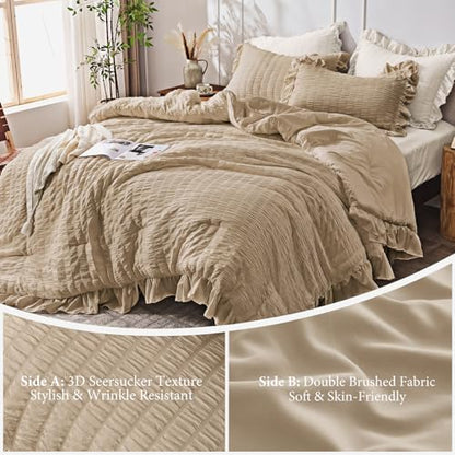 JOLLYVOGUE Khaki Oversized King Comforter Set,3pcs Seersucker Bed Set