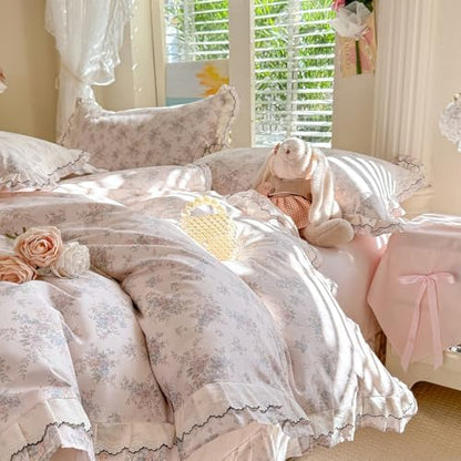Botanical Floral Duvet Cover with Romantic Ruffle, 100% Cotton Aesthetic Flower Coquette Duvet Cover Twin XL, 3 Piece Girls Princess Lace Comforter Cover, French Country Cottagecore Bedding Set