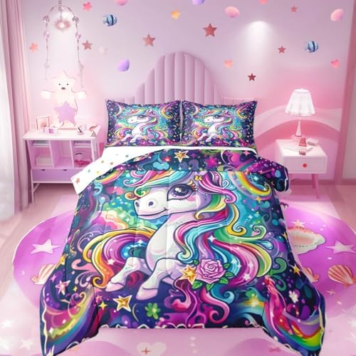 Castle Fairy Kids Unicorn Comforter Queen Size Girly Cartoon Animal Bedding Set Cute Watercolor Unicorn Print Duvet Set Children Boys Girls Unicorns Duvet Set, Rainbow Star Reversible Down Comforter