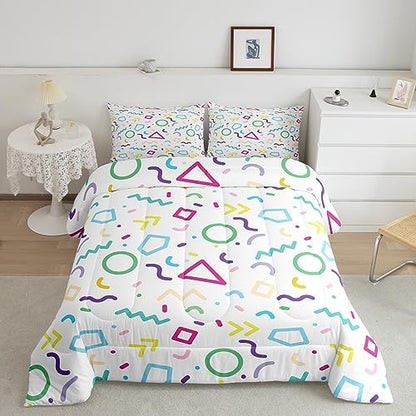 Manfei Memphis Comforter Set Full Size, Colorful Geometric Vintage Bedding Set 3pcs for Kids Boy Girls, Retro 80s or 90s Fashion Style Quilt Set Soft Polyester Duvet Set with 2 Pillowcases