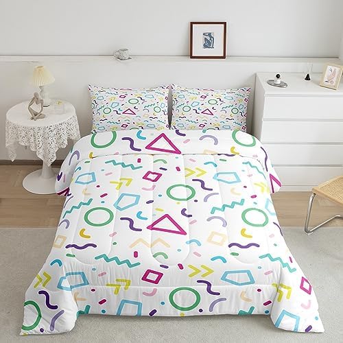 Manfei Memphis Comforter Set Queen Size, Colorful Geometric Vintage Bedding Set 3pcs for Kids Boy Girls, Retro 80s or 90s Fashion Style Quilt Set Soft Polyester Duvet Set with 2 Pillowcases