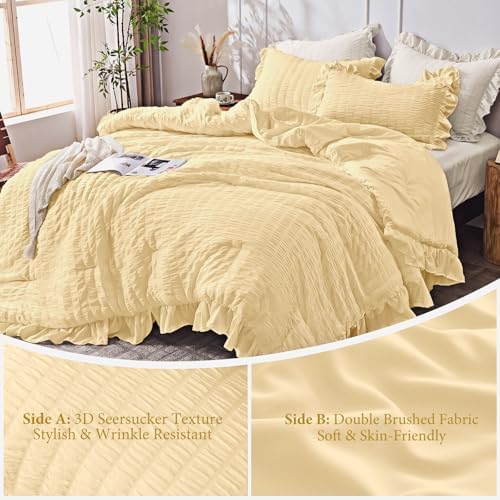 JOLLYVOGUE King Size Comforter Set, 3 Pieces Light Yellow Seersucker Comforters King Size, Lightweight & Fluffy Bedding Sets King for All Season with 1 Ruffle Comforter and 2 Ruffle Pillowshams