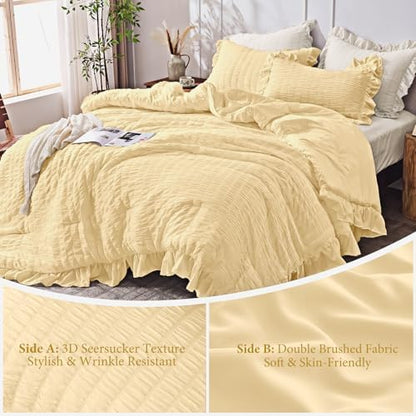 JOLLYVOGUE King Size Comforter Set, 3 Pieces Light Yellow Seersucker Comforters King Size, Lightweight & Fluffy Bedding Sets King for All Season with 1 Ruffle Comforter and 2 Ruffle Pillowshams
