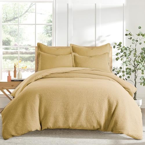 Levtex Home Cloud Waffle Full/Queen Comforter Set (90x94in) with 2 Pillow Shams (26x20in) - Solid Waffle Cotton Texture - Ochre - 100% Cotton Full/Queen Size Comforter Set - Soft, Pre-Washed
