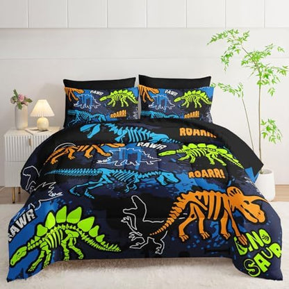7Pcs Comforter Set Blue Orange Green Dinosaur Skeletons Printed Bedding Set with 1 Comforter,1 Flat Sheet,1 Fitted Sheet and 4 Pillowcases Bedroom All Season(King)
