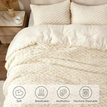 BEDELITE Fluffy King Comforter Set, Cream White Fleece Bed Set 3 Pieces