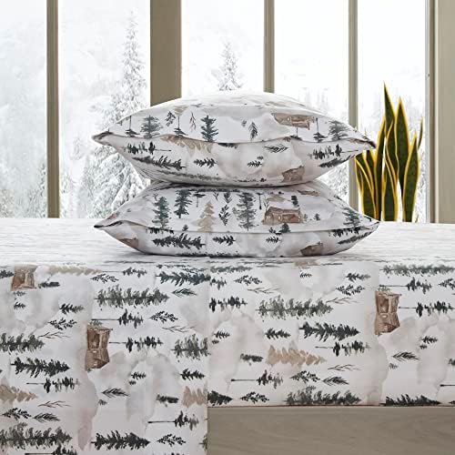 Flannel Sheets Warm and Cozy Deep Pocket Breathable All Season Bedding Set with Fitted, Flat and Pillowcases, Twin, Winter Cabin Lodge
