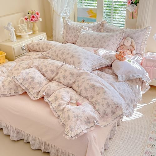 Botanical Floral Duvet Cover with Romantic Ruffle, 100% Cotton Aesthetic Flower Coquette Duvet Cover Twin XL, 3 Piece Girls Princess Lace Comforter Cover, French Country Cottagecore Bedding Set