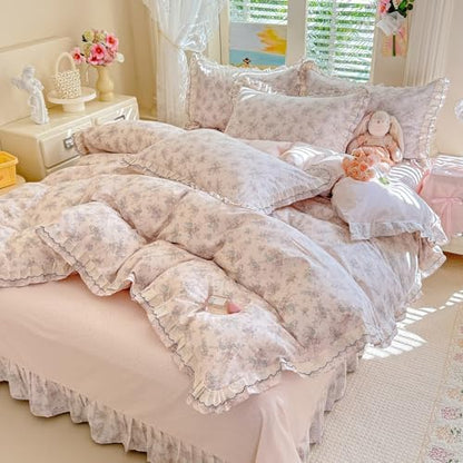 Botanical Floral Duvet Cover with Romantic Ruffle, 100% Cotton Aesthetic Flower Coquette Duvet Cover Twin XL, 3 Piece Girls Princess Lace Comforter Cover, French Country Cottagecore Bedding Set