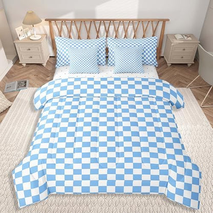 jejeloiu Blue Bedding Set 7Pcs Queen Size Kids Plaid Checkered Comforter Set with Sheets for Boys Girls Classic Grid Buffalo Check Bed in a Bag Soft Lightweight,Microfiber
