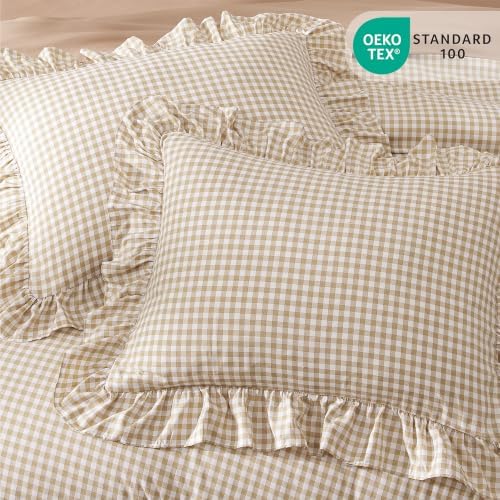 AMBERSPACE Full Size Comforter Set Gingham Ruffle Tan 7 Pieces Bed in a Bag