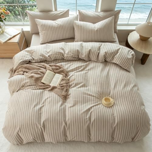 Striped Duvet Cover Set Full Size 3 Piece 100% Washed Cotton Linen Like Textured Bedding Comfy Breathable (Full, Double Stripe-Beige/White)