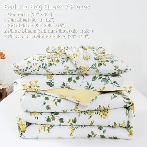 lasoftan Floral Queen Comforter Set with Sheets, 7 piece Luxury Vintage Bedding, Soft Microfiber Bed in a Bag, Cozy Lightweight Bed Set, Yellow Flower Green Leaves
