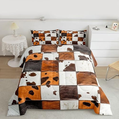 jejeloiu Rustic Cowhide Patchwork Bedding Set for Boys Girls, Leather Cow Print Comforter Set Full Size Cow Fur Print Duvet Quilt Microfiber Farmhouse Country Bedroom Decor 3 Pcs with 2 Pillow Cases