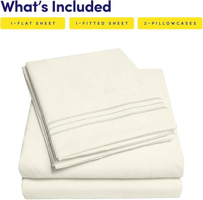 1500 Supreme Collection Twin Sheet Sets Ivory - 3 Piece Bed Sheets and Pillowcase Set for Twin Mattress - Extra Soft, Elastic Corner Straps, Deep Pocket Sheets, Twin Ivory