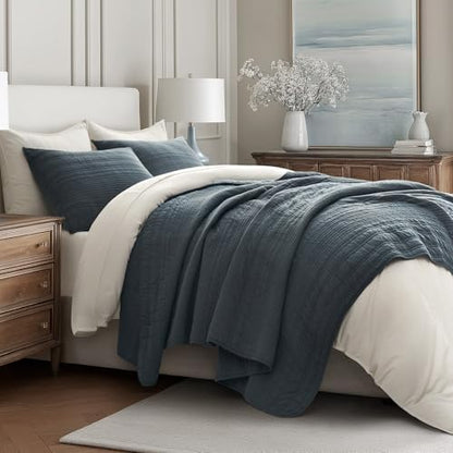 EVERGRACEHOME 100% Cotton Modern Lines Quilt Set King Size, Midnight Blue