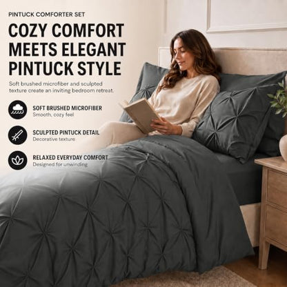 HIMEET Full Size Comforter Set Dark Grey - 7 Pieces Pintuck Bed in a Bag