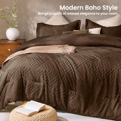 JOLLYVOGUE Twin/Twin XL Comforter Set, Boho Tufted 2PCS Bed Set, Brown