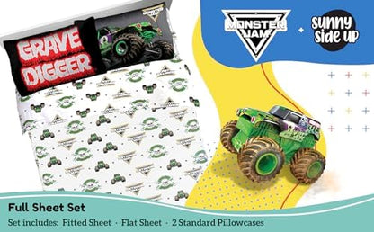 Sunny Side Up Monster Jam Grave Digger Full Sheet Set - 4 Piece Kids Bedding Set Includes Pillow Cover - Super Soft Microfiber Sheets