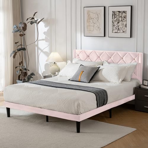 Full Size Platform Bed Frame with Velvet Headboard