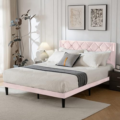 Queen Size Platform Bed Frame with Velvet Headboard