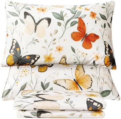 QSH Green Floral Egyptian Cotton Sheets King Size,Rosemary Flowers Butterfly Botanical Pattern Printed Bed Sheet King Aesthetic Extra Soft and Breathable 17.5" Deep Pockets King Bedding Sheets 4PCs