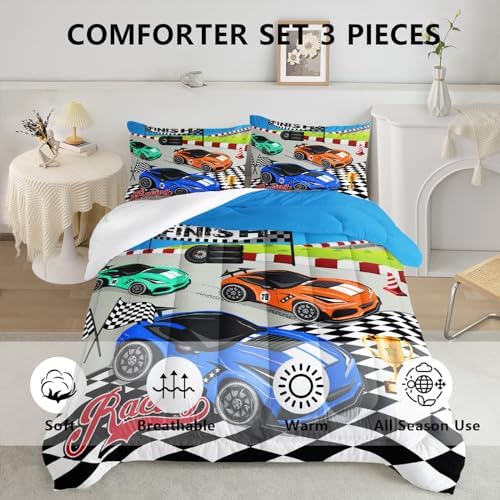 Axolotl Racing Car Bedding Set Twin,Cool Speed Race Car Down Comforter for Kids Boys Girls Teens,Car Theme Quilt with Three Cars Arrive at Finish,1 Comforter and 2 Pillowcases