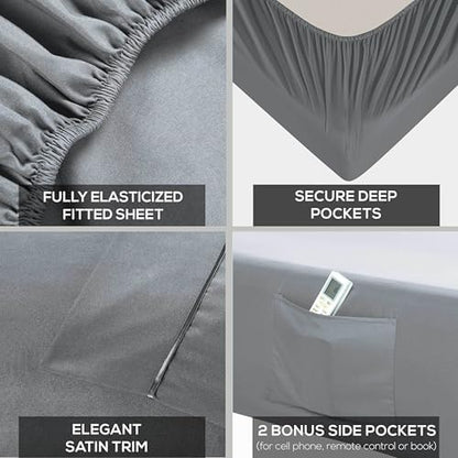 Mueller Luxury 6 PC Full Size Bed Sheets, Super Soft, Deep Pocket up to 16" Full Size Sheets, Transfers Heat, Breathes Better, Hypoallergenic, Wrinkle-Resistant, Oeko-TEX, Light Grey