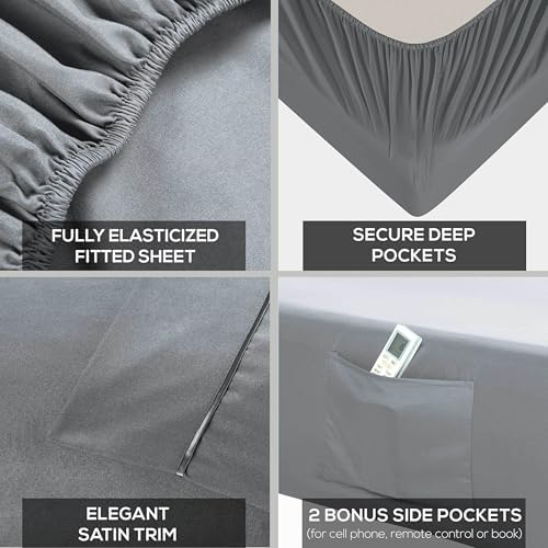 Mueller UltraTemp King Size Sheets Set – 6 Piece Premium Bedding, Silky Soft, Cooling, Deep Pocket up to 16", Breathable Heat Transfer, Wrinkle-Resistant & Hypoallergenic, Light Gray