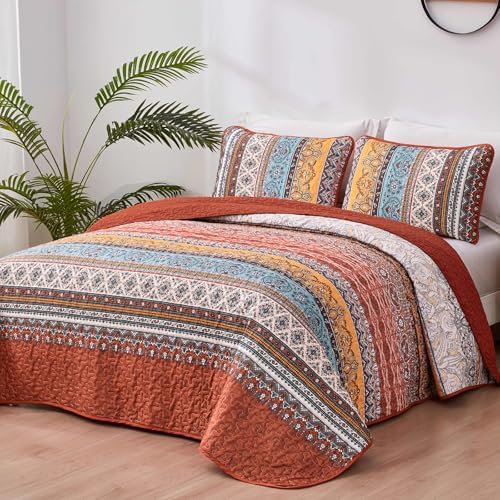 WONGS BEDDING Boho Quilt Queen Size,3 Pcs Bedspread Set, Burnt Orange