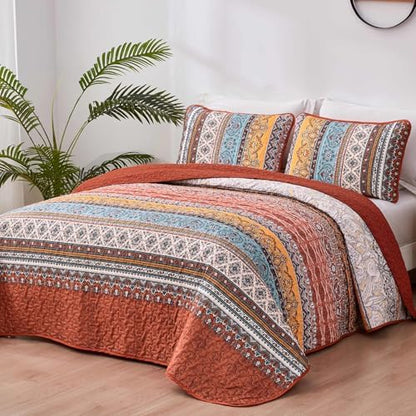 WONGS BEDDING Boho Quilt Queen Size,3 Pcs Bedspread Set, Burnt Orange