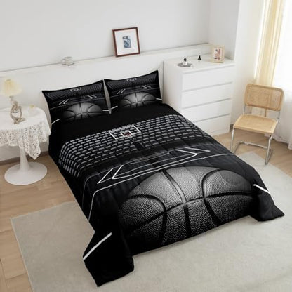 Black Basketball Comforter Set King Size for Kids Boys,3D Basketball Court Quilt Set 3Pcs,Teens Child Room Decor Ball Sports Gaming Theme Bedding Set Modern Fashion Duvet Insert,2 Pillowcases