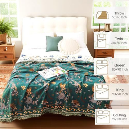 VANJOROY Boho 100% Cotton Large Throw Blanket - All Season Rustic Ultra Soft Breathable Floral Bird Blanket for Bed Sofa Couch Chair Bedspread Quilt Gift, 80" x 90"-Teal/Beige