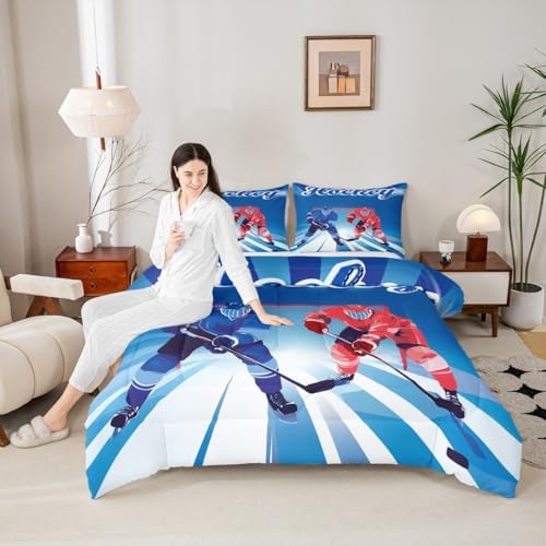 Homewish Winter Sports Comforter Set Queen Size,Ice Hockey Bedding Set for Kids Boys Girls Bedroom Decoration,Sports Gaming Bed Duvet Insert,Hockey Sport Player Comforter with 2 Pillowcase