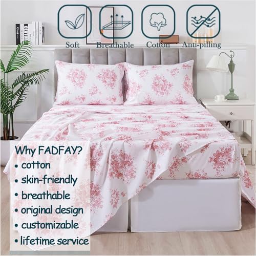 FADFAY California King Sheets Set 100% Cotton Pink Rose Floral Bed Sheet, Coquette Cottagecore Bedding for Girls Women, Soft Crisp & Breathable Luxury Shabby Vintage Deep Pocket Fitted Sheet, 4Pc