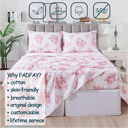 FADFAY California King Sheets Set 100% Cotton Pink Rose Floral Bed Sheet, Coquette Cottagecore Bedding for Girls Women, Soft Crisp & Breathable Luxury Shabby Vintage Deep Pocket Fitted Sheet, 4Pc