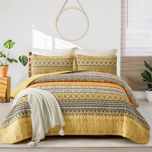 WONGS BEDDING Boho King Quilt Bedding Set, 3 Pieces Bedspread,Yellow Orange