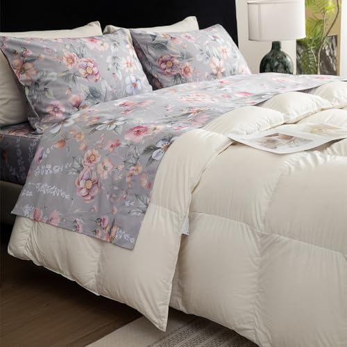 QSH Gray Floral Sheets Queen Size，Egyptian Cotton Sheets Queen Size Set Luxury Silk Feel Flowers Botanical Pattern Printed Bedding Sheet Extra Soft and Breathable 17.5" Deep Pockets Bed Sheet 4pcs