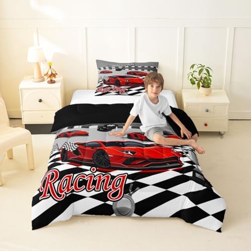 Feelyou Boys Sports Car Comforter Set Toddler Size Red Speed Race Car Bedding Set for Kids Boys Girls Racing Extreme Sports Duvet Quilt Automobile Bedroom Decor Microfiber 2 Pcs with 1 Pillow Cases