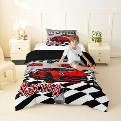 Feelyou Boys Sports Car Comforter Set Toddler Size Red Speed Race Car Bedding Set for Kids Boys Girls Racing Extreme Sports Duvet Quilt Automobile Bedroom Decor Microfiber 2 Pcs with 1 Pillow Cases