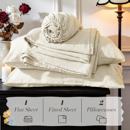 SONORO KATE 100% French Linen Twin XL Size Sheets Set,Natural Flax Bedding