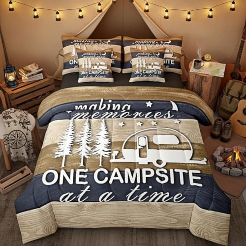 Erosebridal Comforter Set Full Size Camper Rv Camping 7 Pcs Bedding for Kids and Adults, Rustic Farmhouse Bed Sheet Sets Vintage Car Camper Accessories for Travel Trailers Bedroom Bed Decor