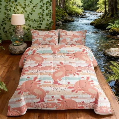 Manfei Cute Axolotl Comforter Set King Size,Rainbow Stripes Quilt Set,Animal Theme Bedding Comforters 3pcs for Kids Teens Girls Boys Room Decor,Pink Romantic Soft Duvet Set with 2 Pillowcases