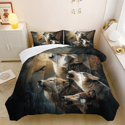 Wolf Comforter Set Queen for Kids Boys Girls,Howling Wolves Comforter Set,Eagle and Wolf Night Moon Forest Bedding Set, Wild Animals Quilt Set for Bedroom Decor,All Seasons