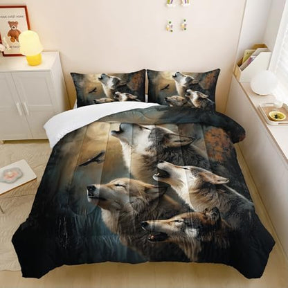 Wolf Comforter Set Queen for Kids Boys Girls,Howling Wolves Comforter Set,Eagle and Wolf Night Moon Forest Bedding Set, Wild Animals Quilt Set for Bedroom Decor,All Seasons