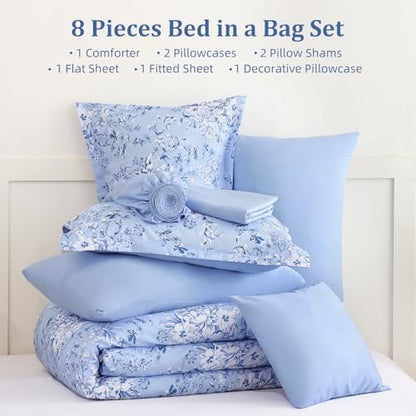 King Size Comforter Set 8 Pieces Blue Floral Bed in a Bag Comforter Sets
